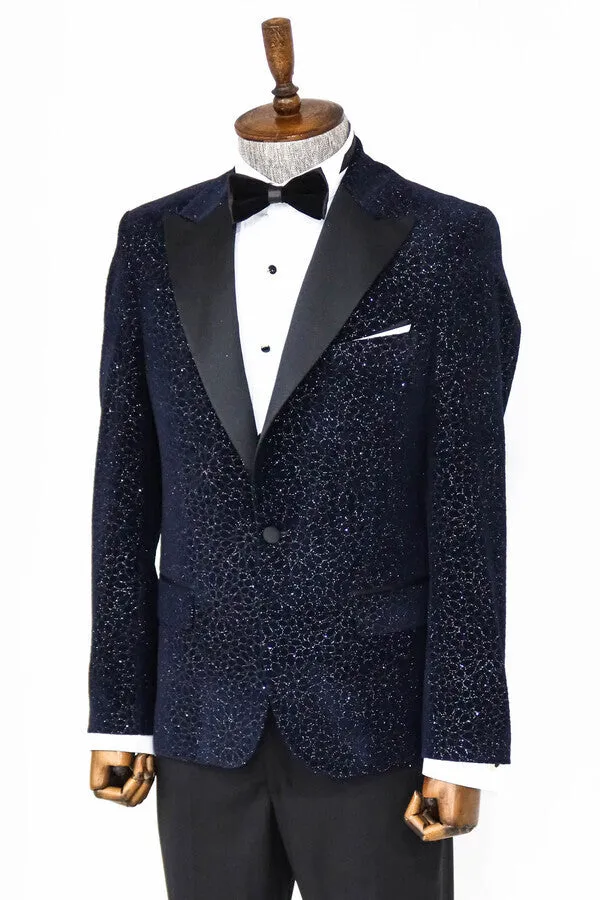 Glitter Floral Patterned Navy Blue Men Wedding Tuxedo Blazer - Wessi