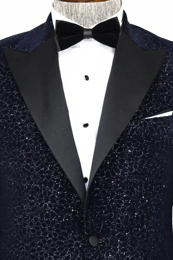 Glitter Floral Patterned Navy Blue Men Wedding Tuxedo Blazer - Wessi