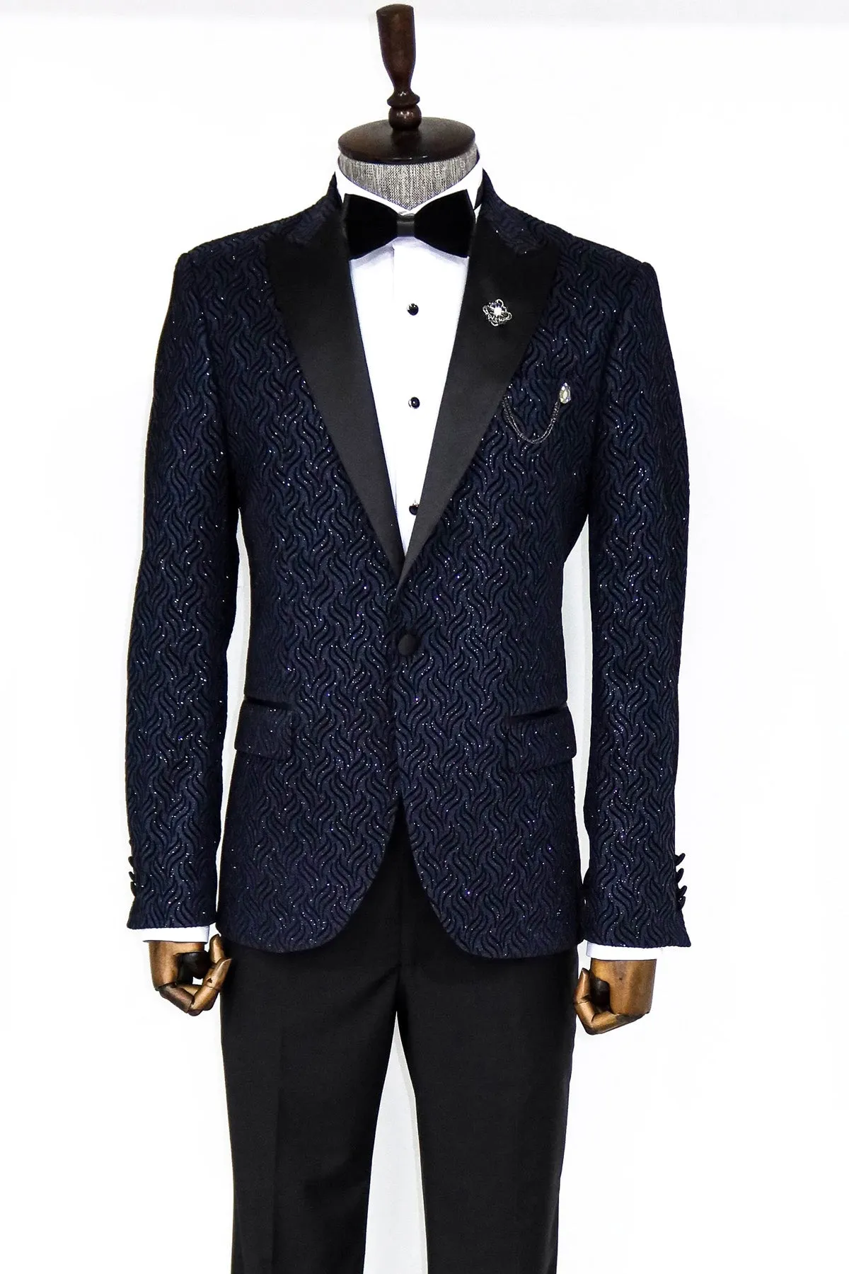 Glitter Shiny Navy Blue Men  Blazer - Wessi