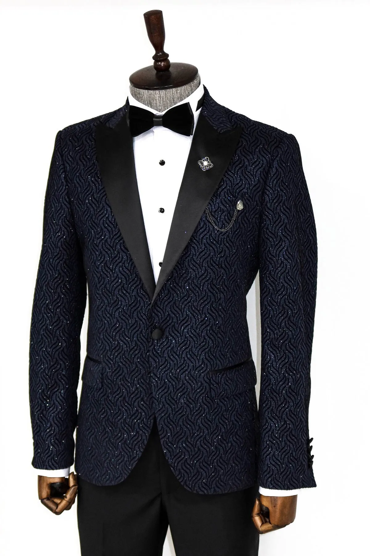 Glitter Shiny Navy Blue Men  Blazer - Wessi