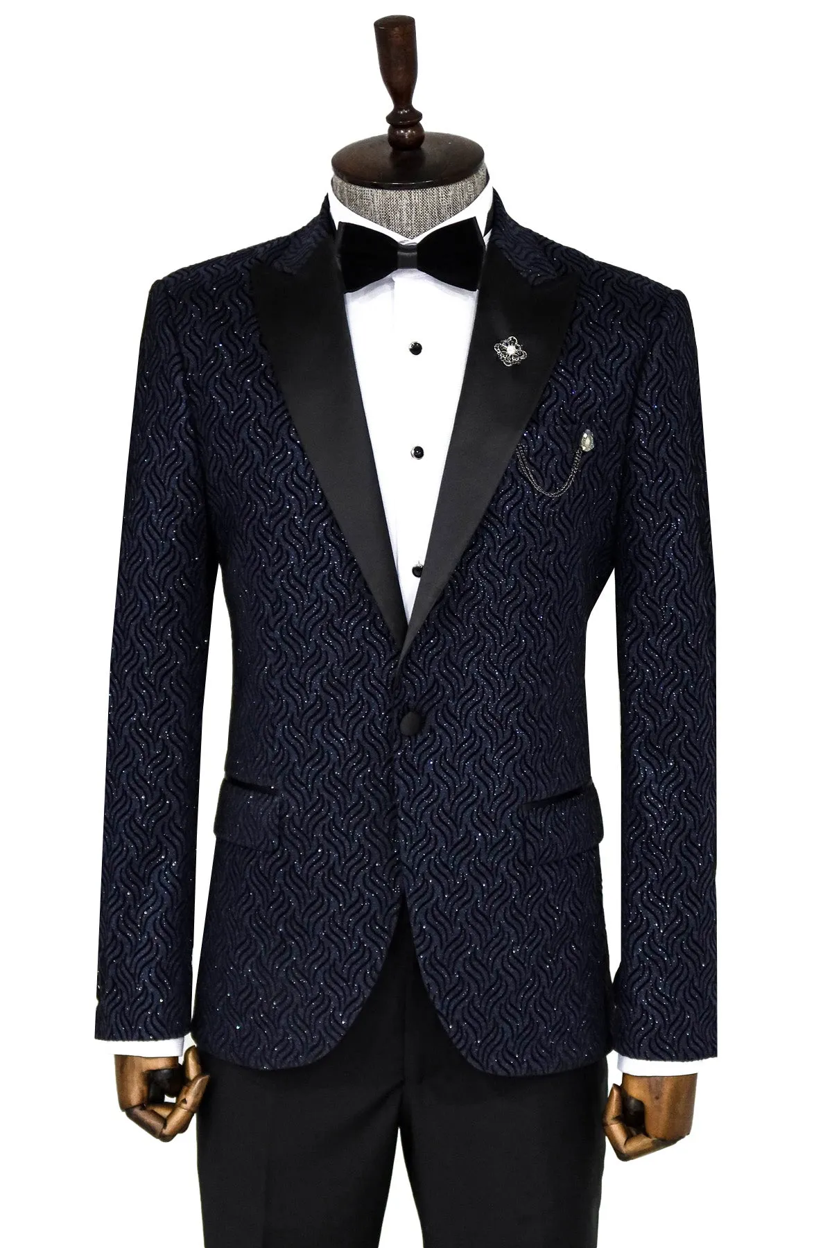 Glitter Shiny Navy Blue Men  Blazer - Wessi