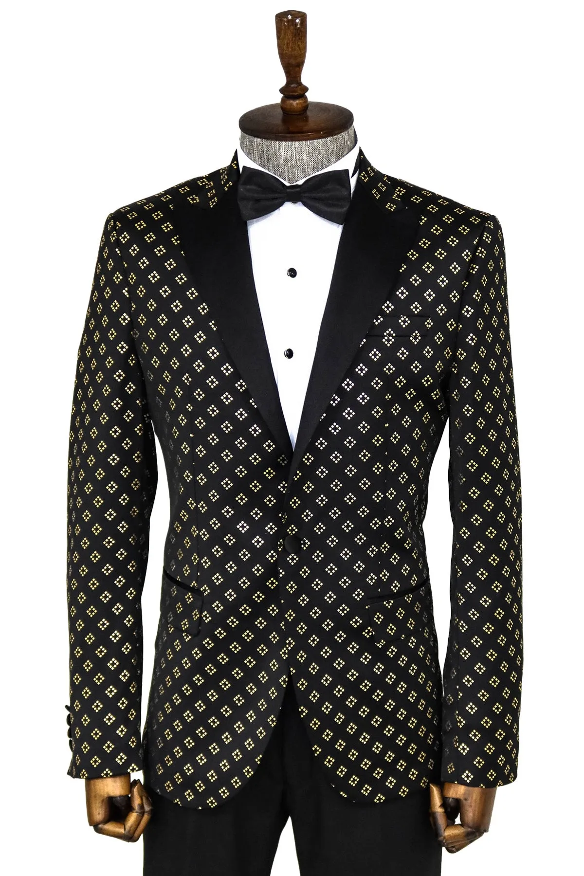 Gold Diamond Pattern Over Black Tuxedo Blazer - Wessi