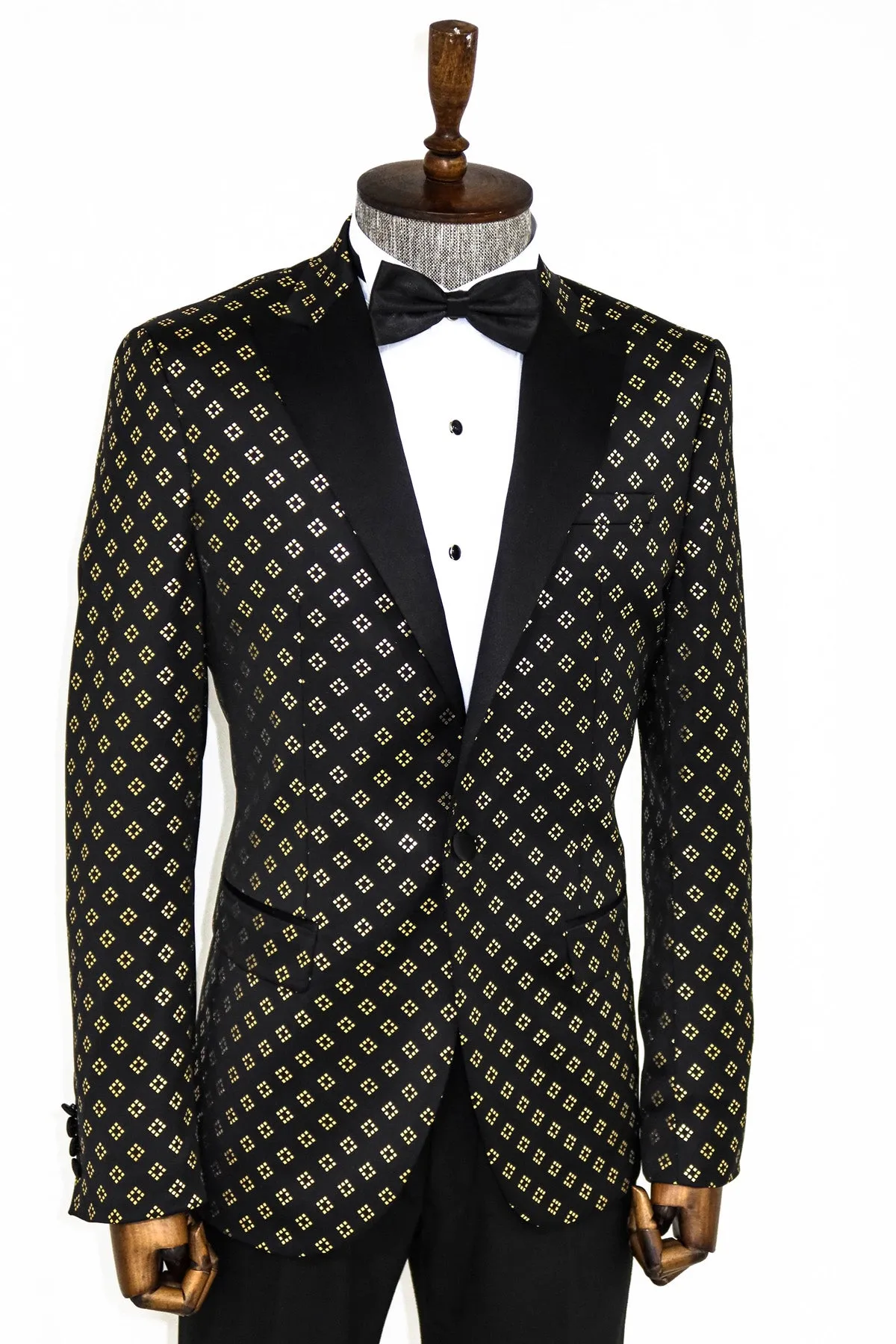 Gold Diamond Pattern Over Black Tuxedo Blazer - Wessi