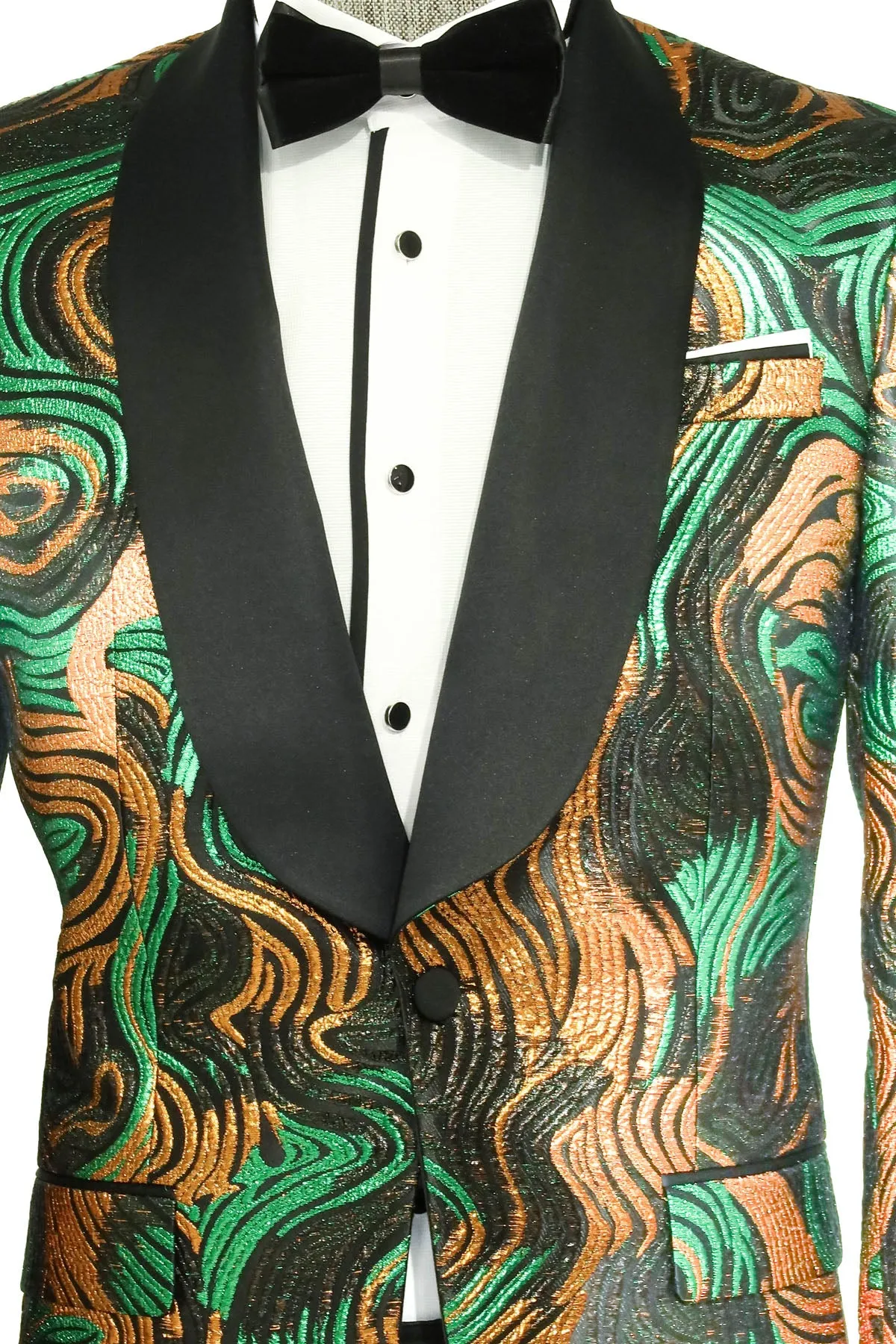 Gold-Green Patterned Over Black Men Stage Performers Jacket - Wessi