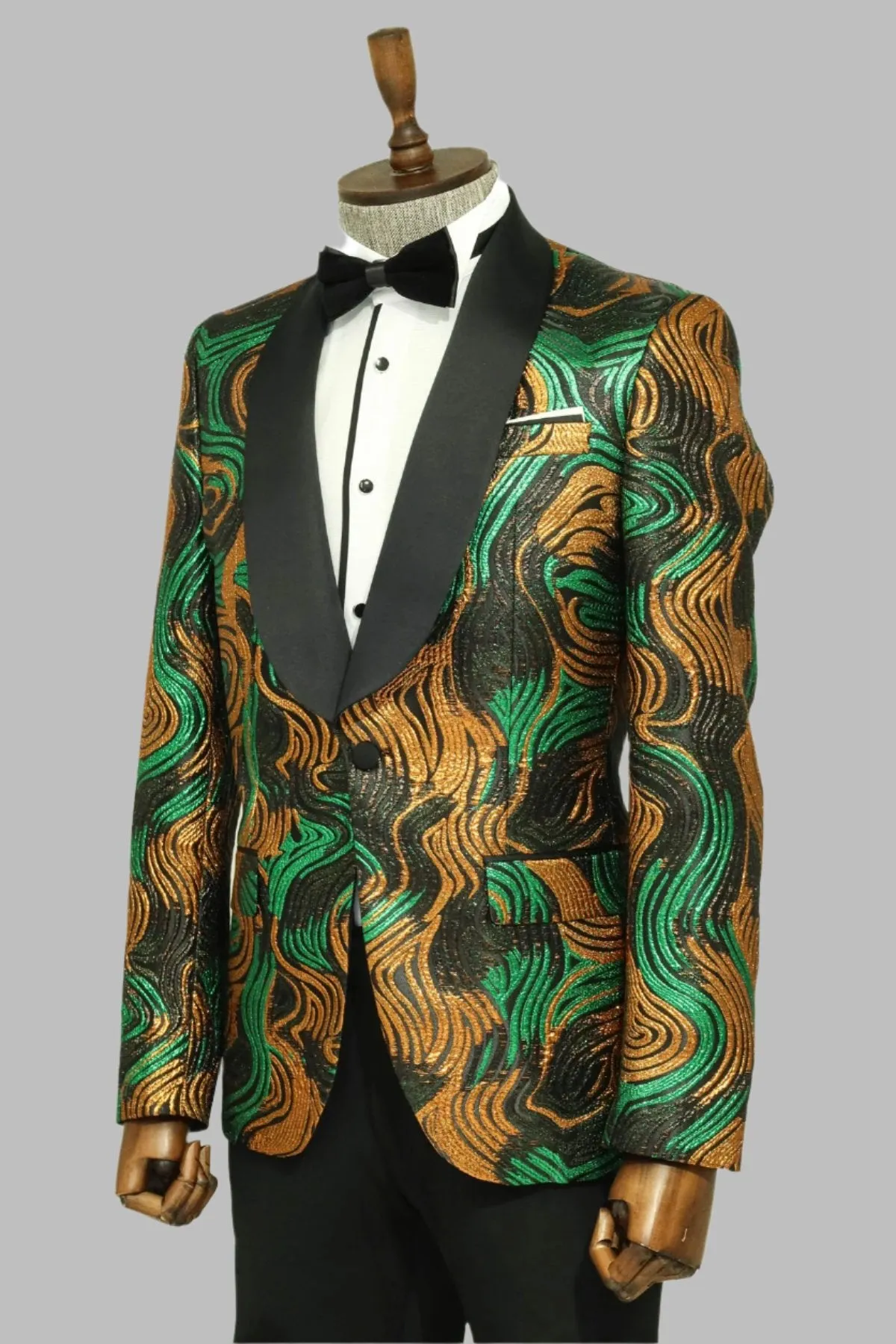 Gold-Green Patterned Over Black Men Stage Performers Jacket - Wessi