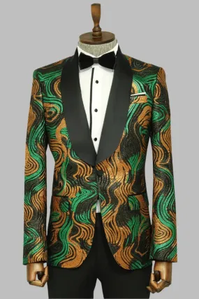 Gold-Green Patterned Over Black Men Stage Performers Jacket - Wessi