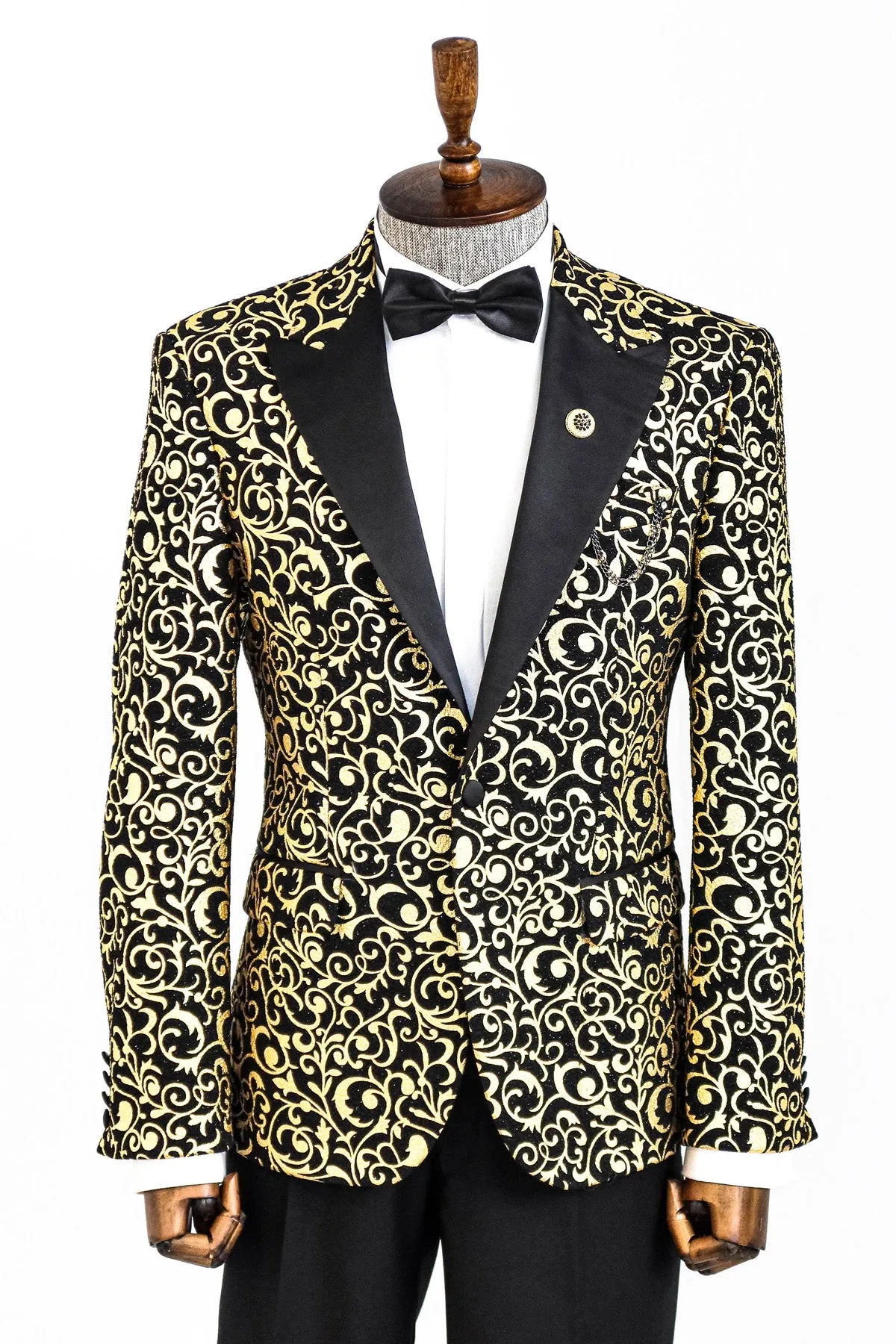 Gold Patterned Over Black Men Evening Dinner Jacket - Wessi