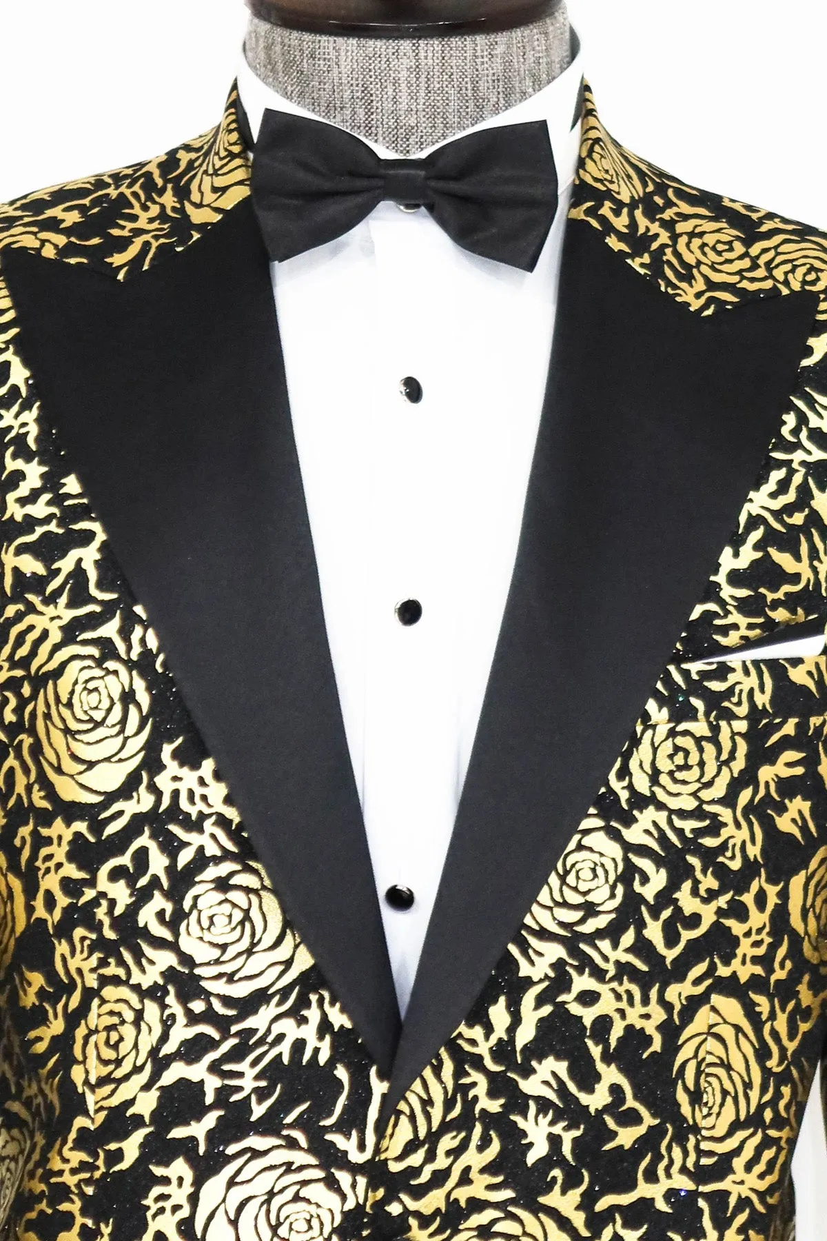 Gold Rose Patterned Slim Fit Black Men Singer Tuxedo Blazer - Wessi