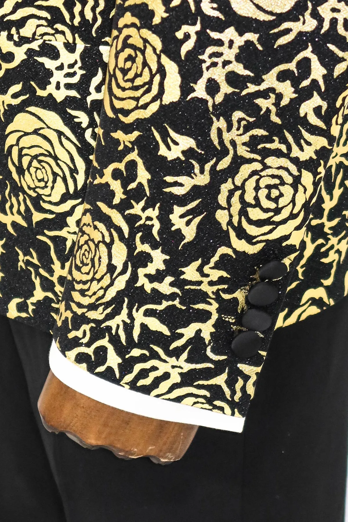 Gold Rose Patterned Slim Fit Black Men Singer Tuxedo Blazer - Wessi