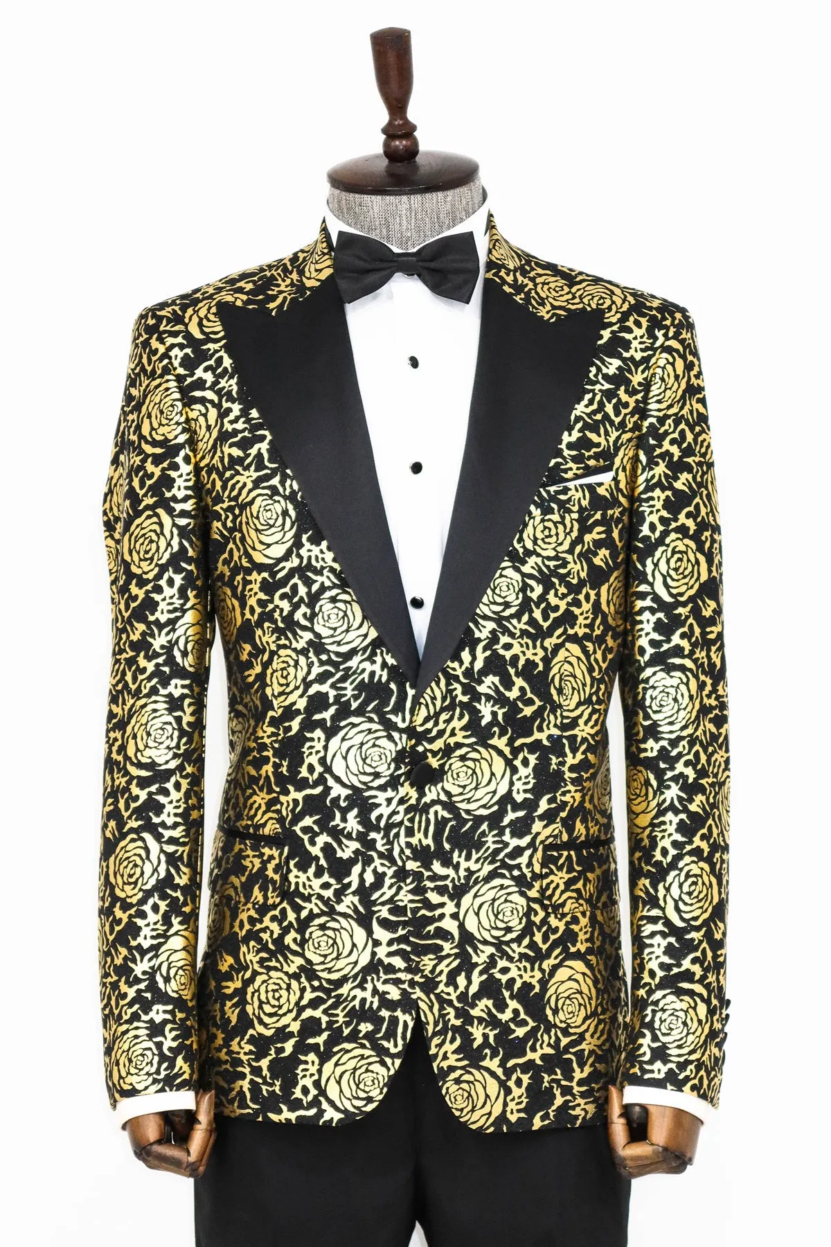 Gold Rose Patterned Slim Fit Black Men Singer Tuxedo Blazer - Wessi