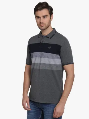 Grey & Navy Blue Striped Slim Fit Polo T-shirt  | Greenfibre