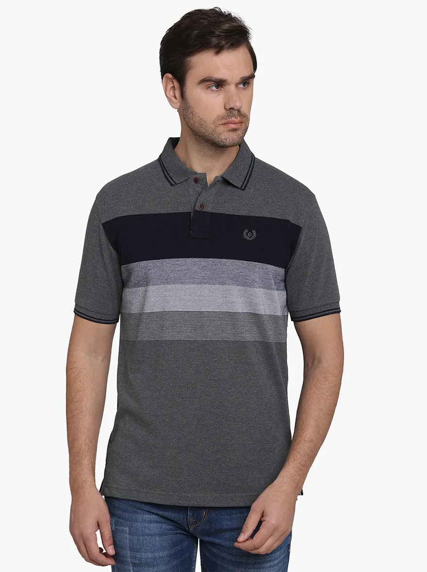 Grey & Navy Blue Striped Slim Fit Polo T-shirt  | Greenfibre