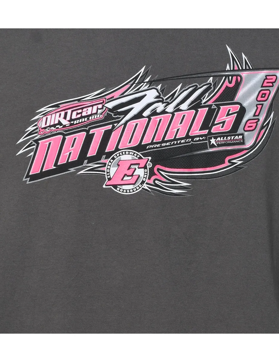 Grey & Pink Car Design Printed Racing T-shirt - XL