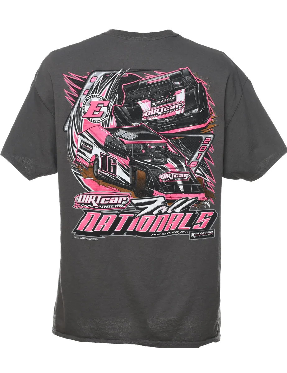 Grey & Pink Car Design Printed Racing T-shirt - XL