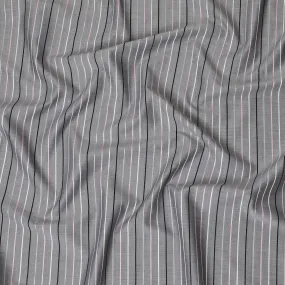 Grey Premium pure Swiss 100% cotton shirting fabric with white, black and baby pink print in stripe design-D16612