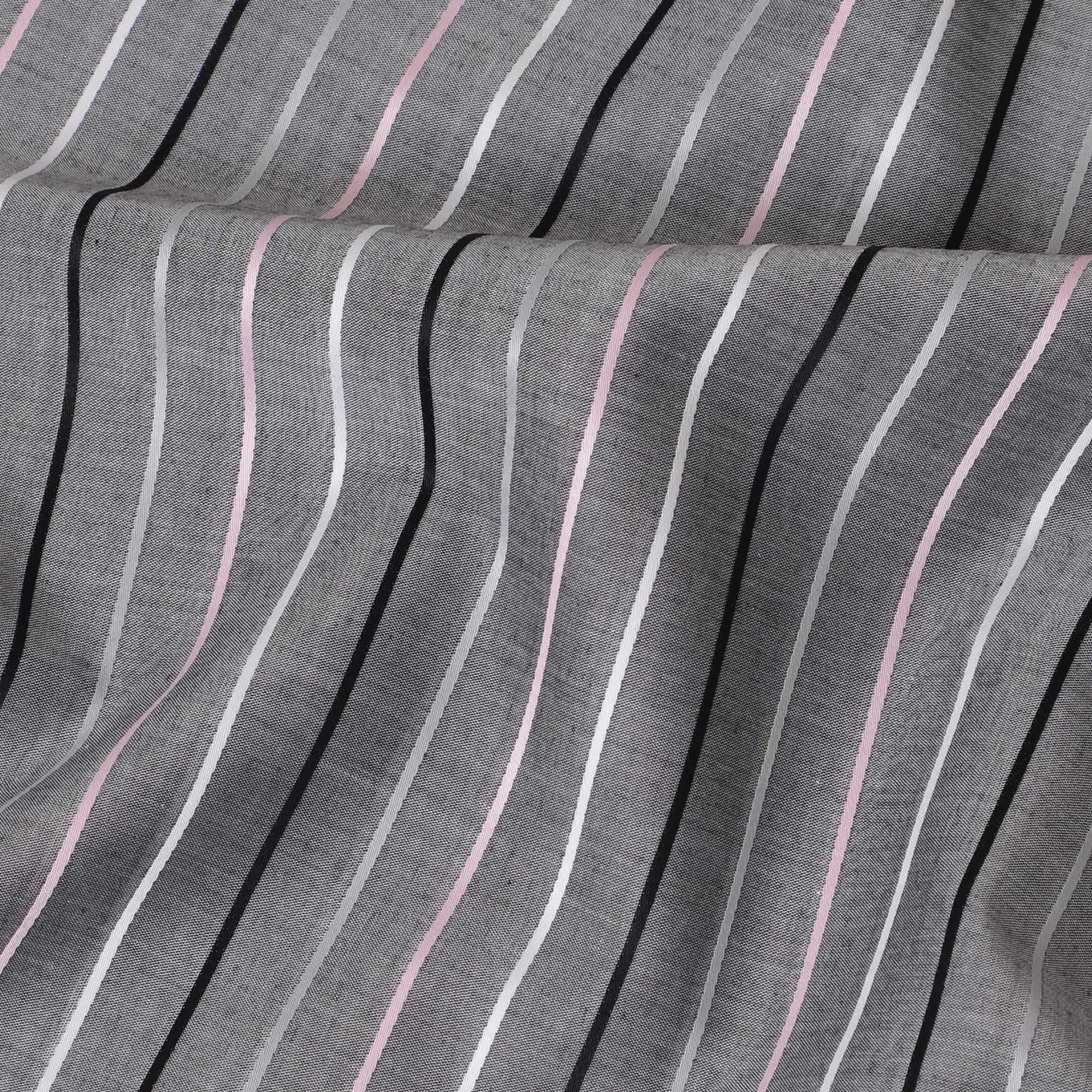 Grey Premium pure Swiss 100% cotton shirting fabric with white, black and baby pink print in stripe design-D16612