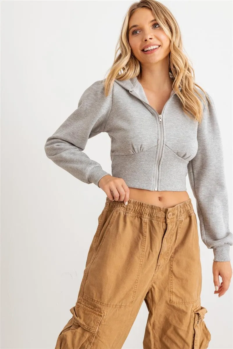 Heather Grey Zip-Up Hooded Long Sleeve Cropped Sweater