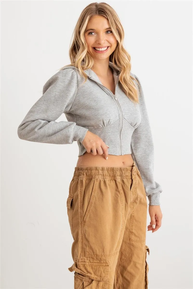 Heather Grey Zip-Up Hooded Long Sleeve Cropped Sweater