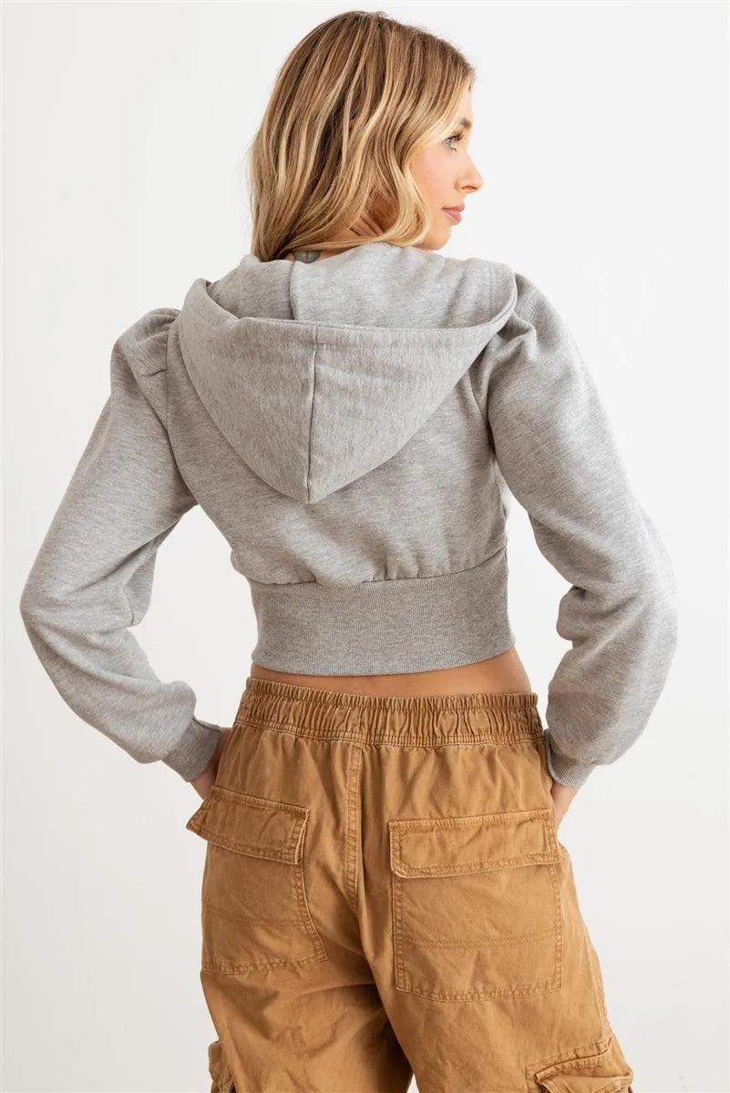 Heather Grey Zip-Up Hooded Long Sleeve Cropped Sweater