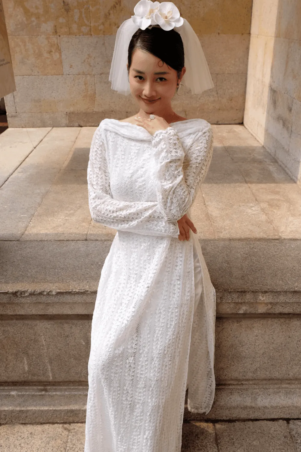 Hoa Thanh Straight Boat Neck Lace Floor Length Ao Dai