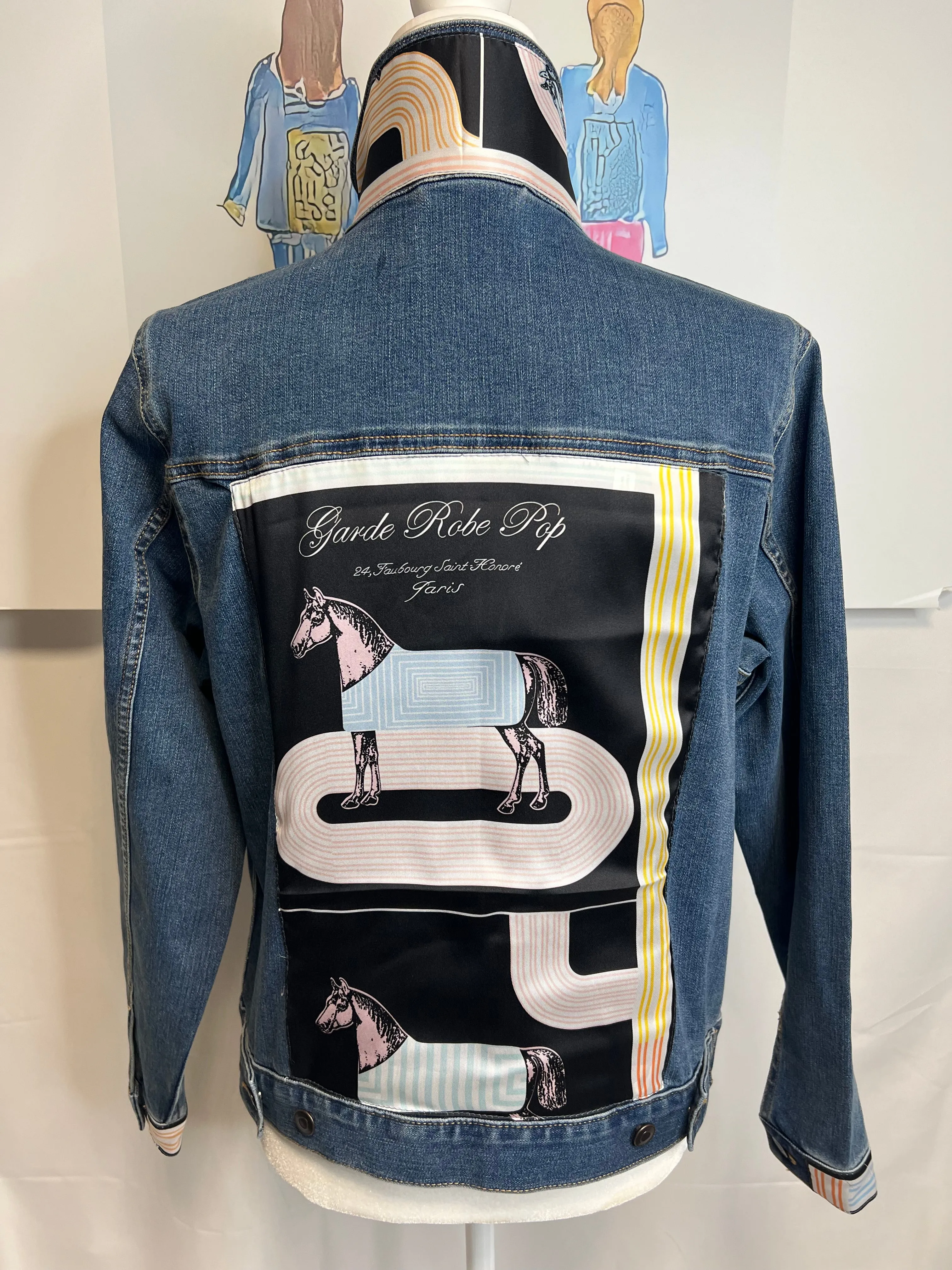 Horse Track French Scarf Classic Equestrian Pink/BLack on blue Denim Jacket