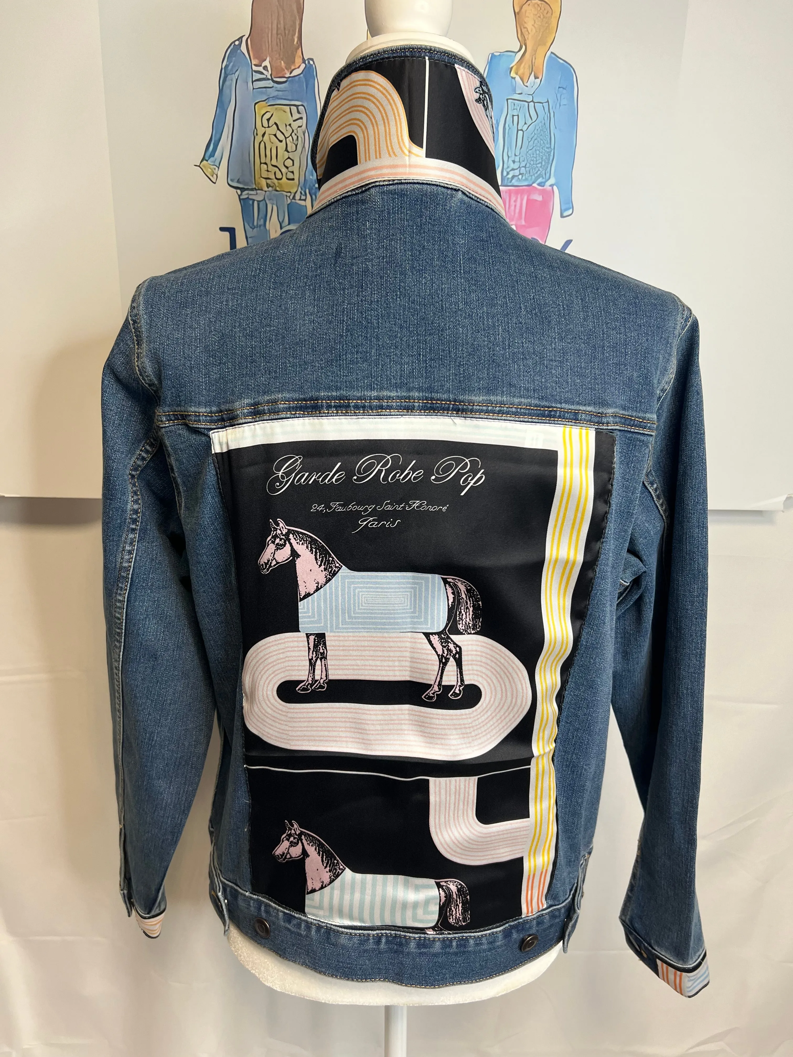 Horse Track French Scarf Classic Equestrian Pink/BLack on blue Denim Jacket