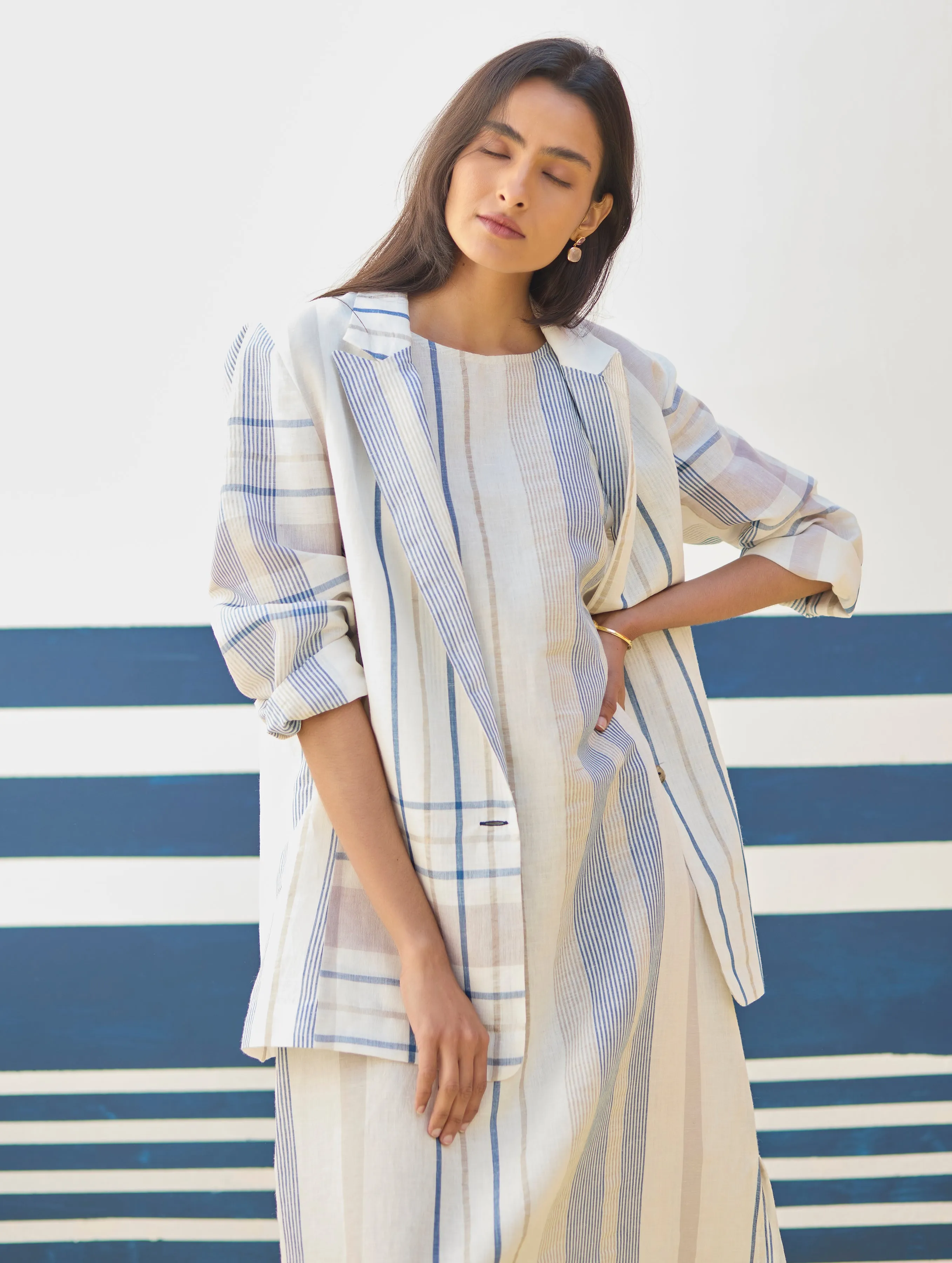 Inara Check Linen Dress With Blazer - Ivory