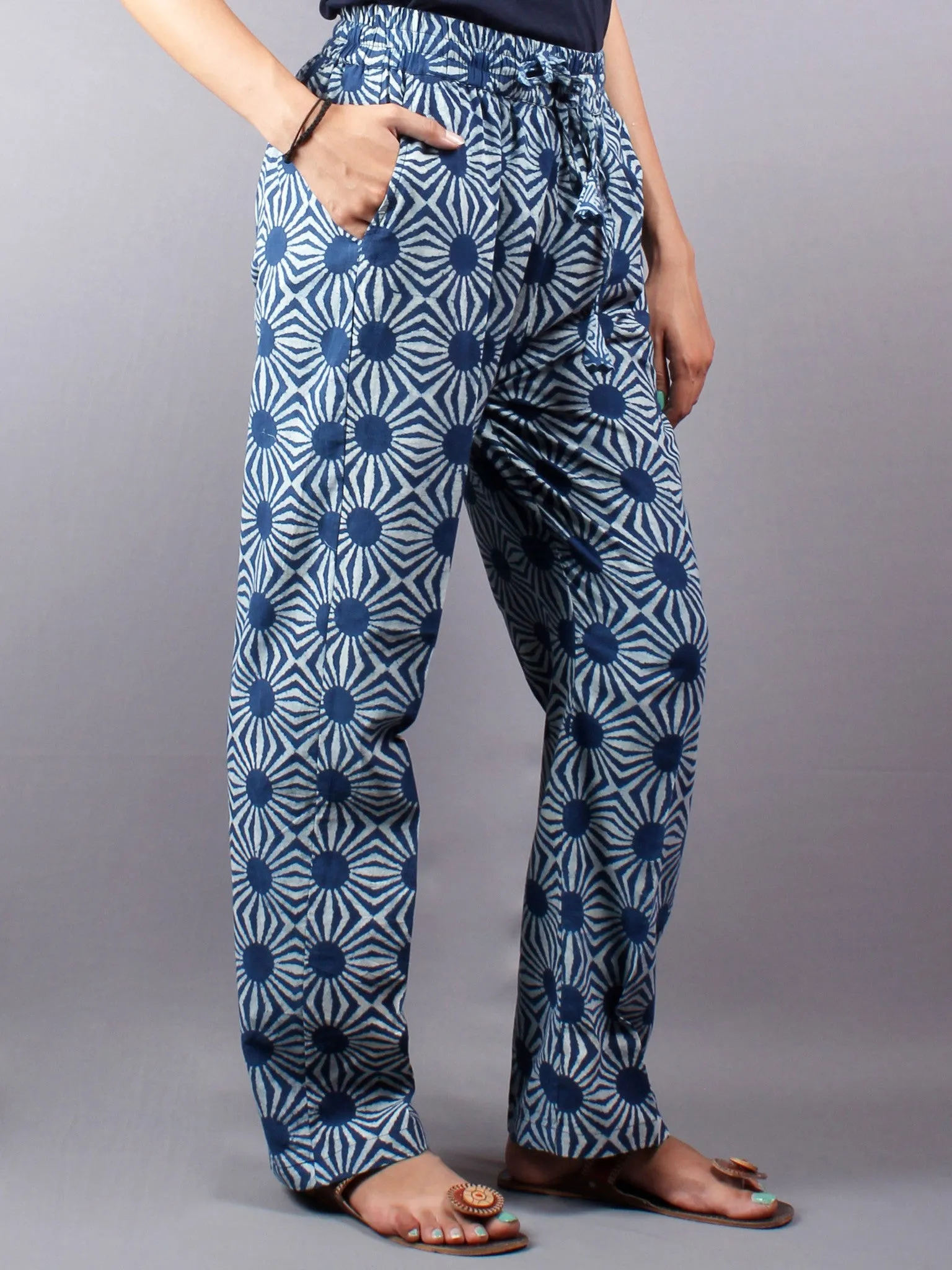 Indigo Hand Block Printed Elasticated Waist Trousers- T0317004