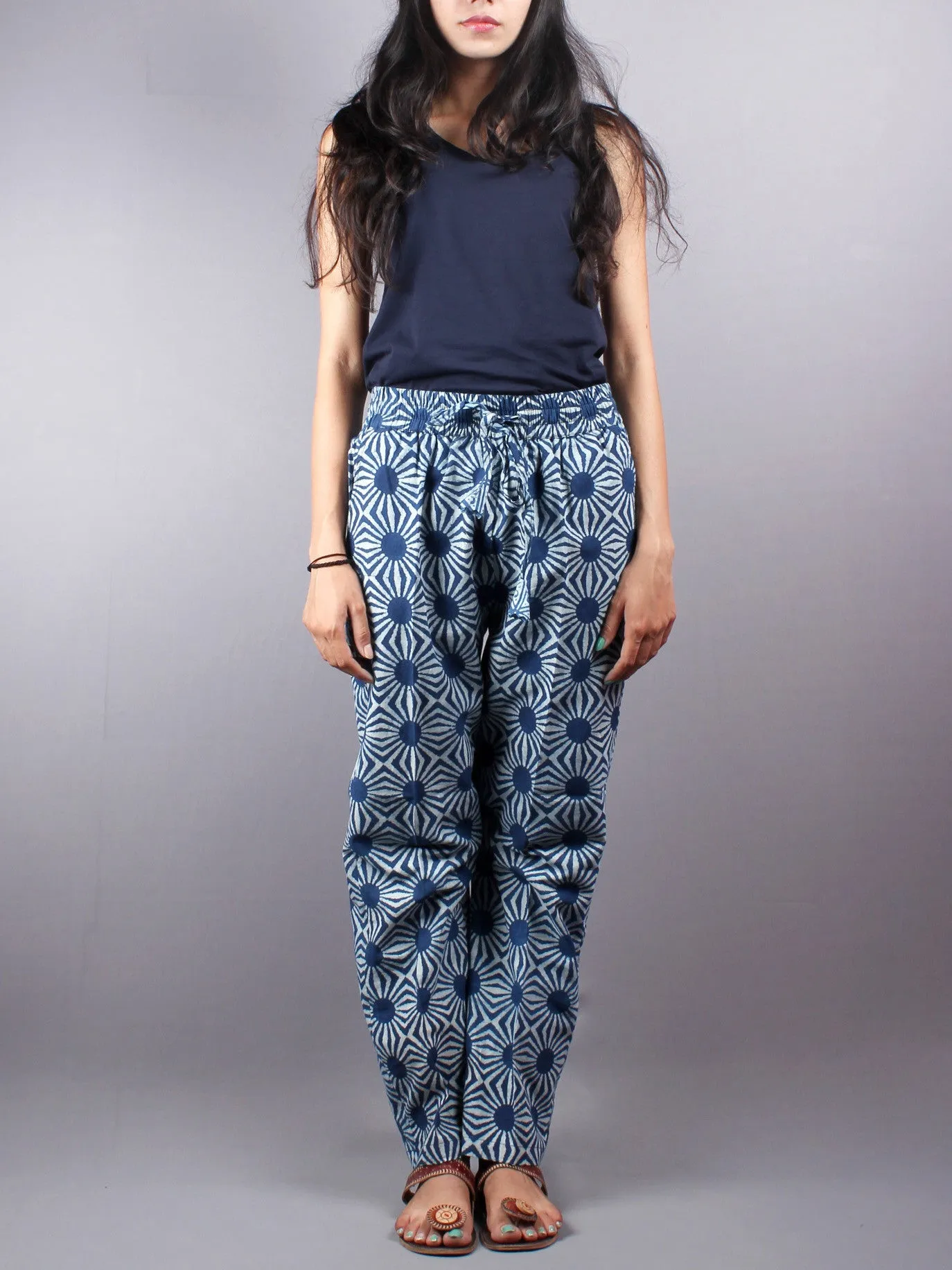 Indigo Hand Block Printed Elasticated Waist Trousers- T0317004