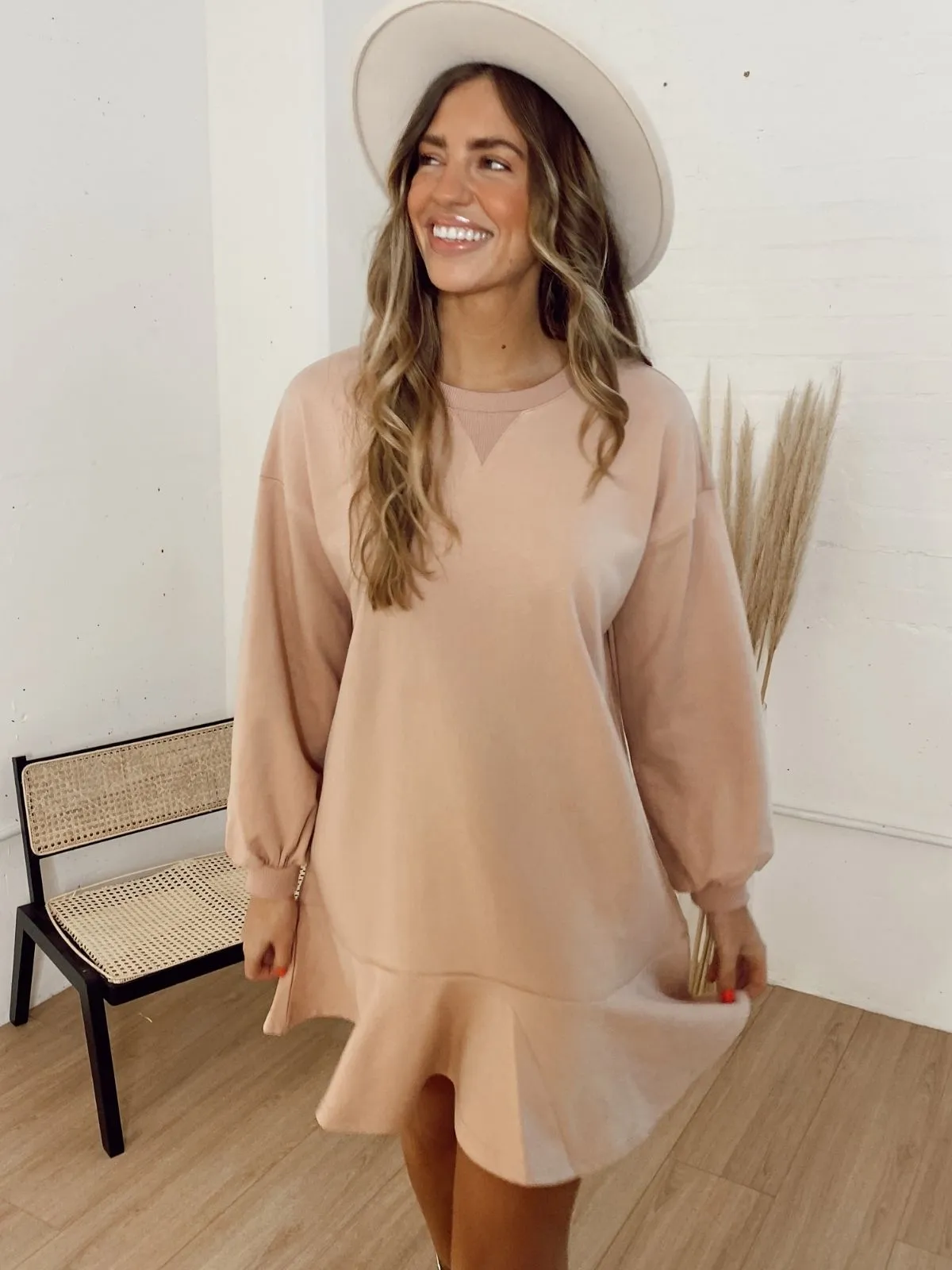 Isla Sweatshirt Peplum Mini Dress / Blush