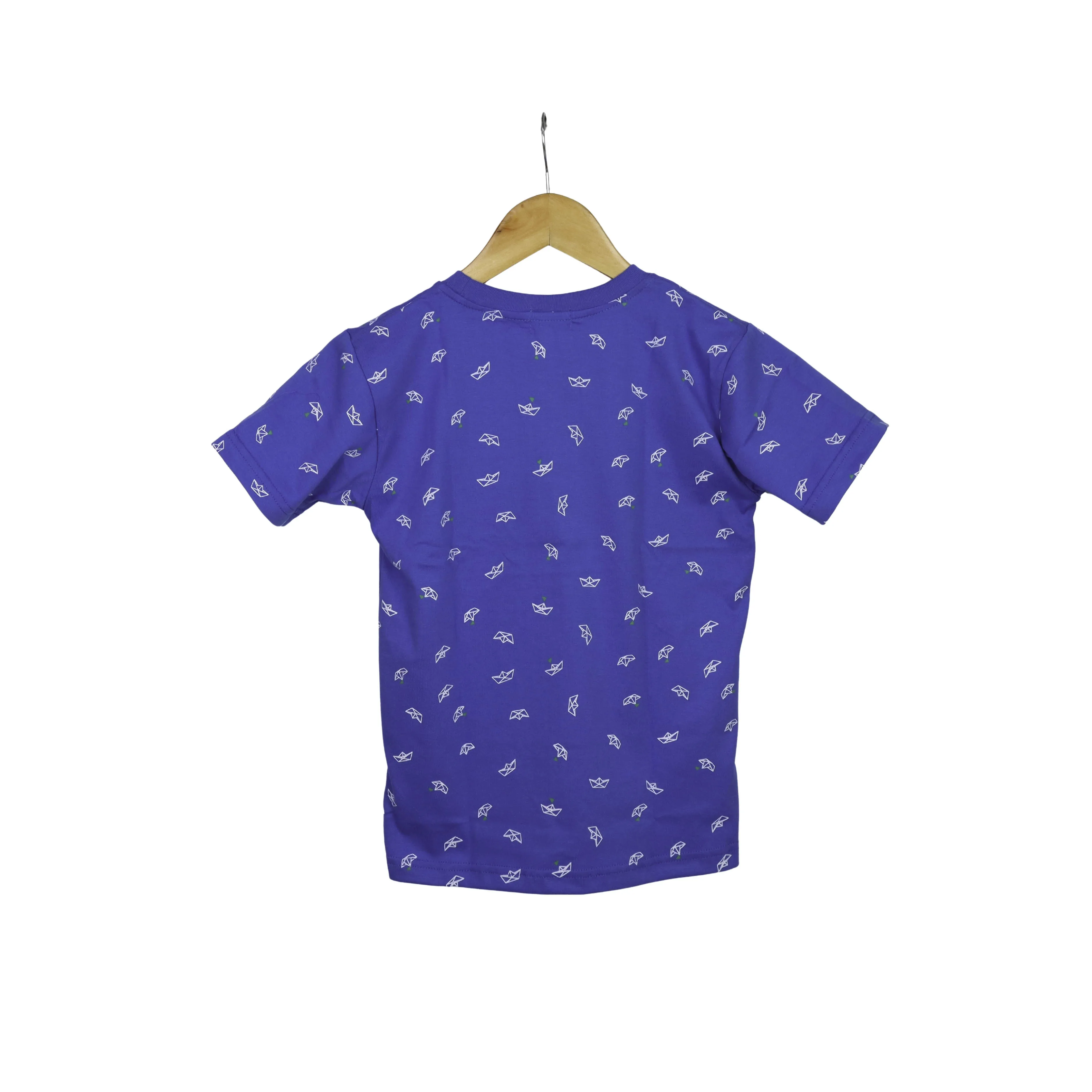 JKC Short Sleeves T-shirt with Boat Full Print and Stripes Chest Pocket - Blue