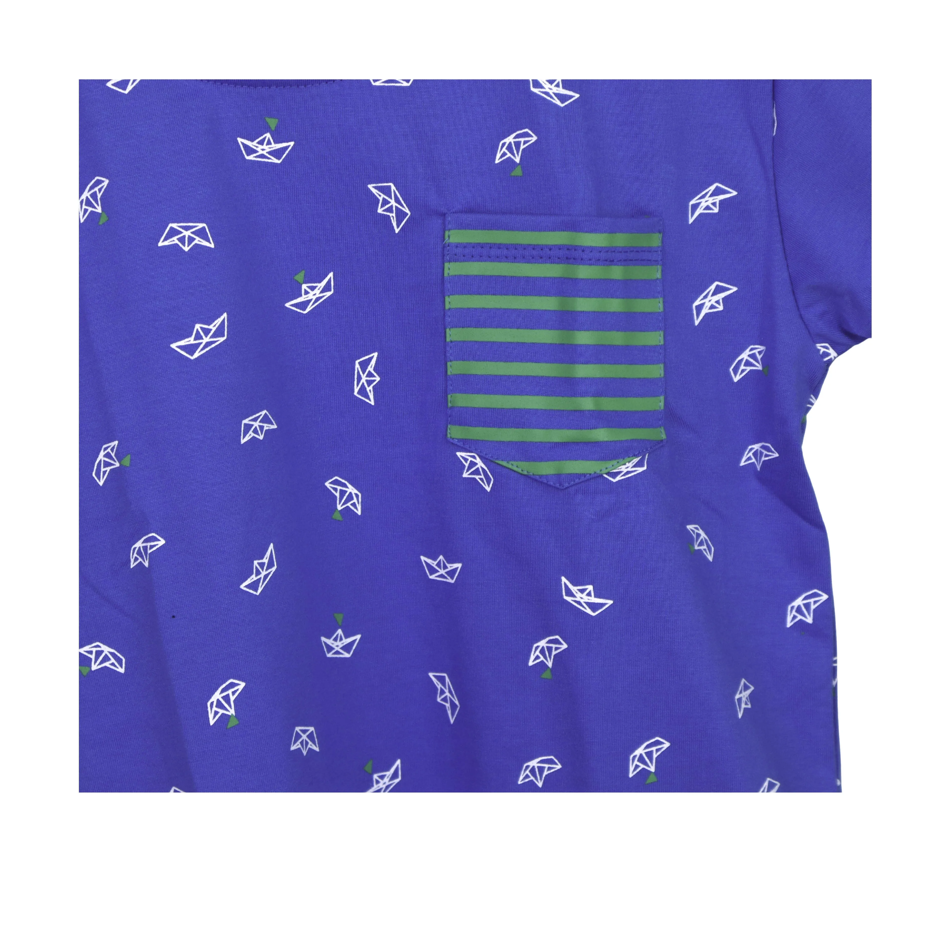 JKC Short Sleeves T-shirt with Boat Full Print and Stripes Chest Pocket - Blue