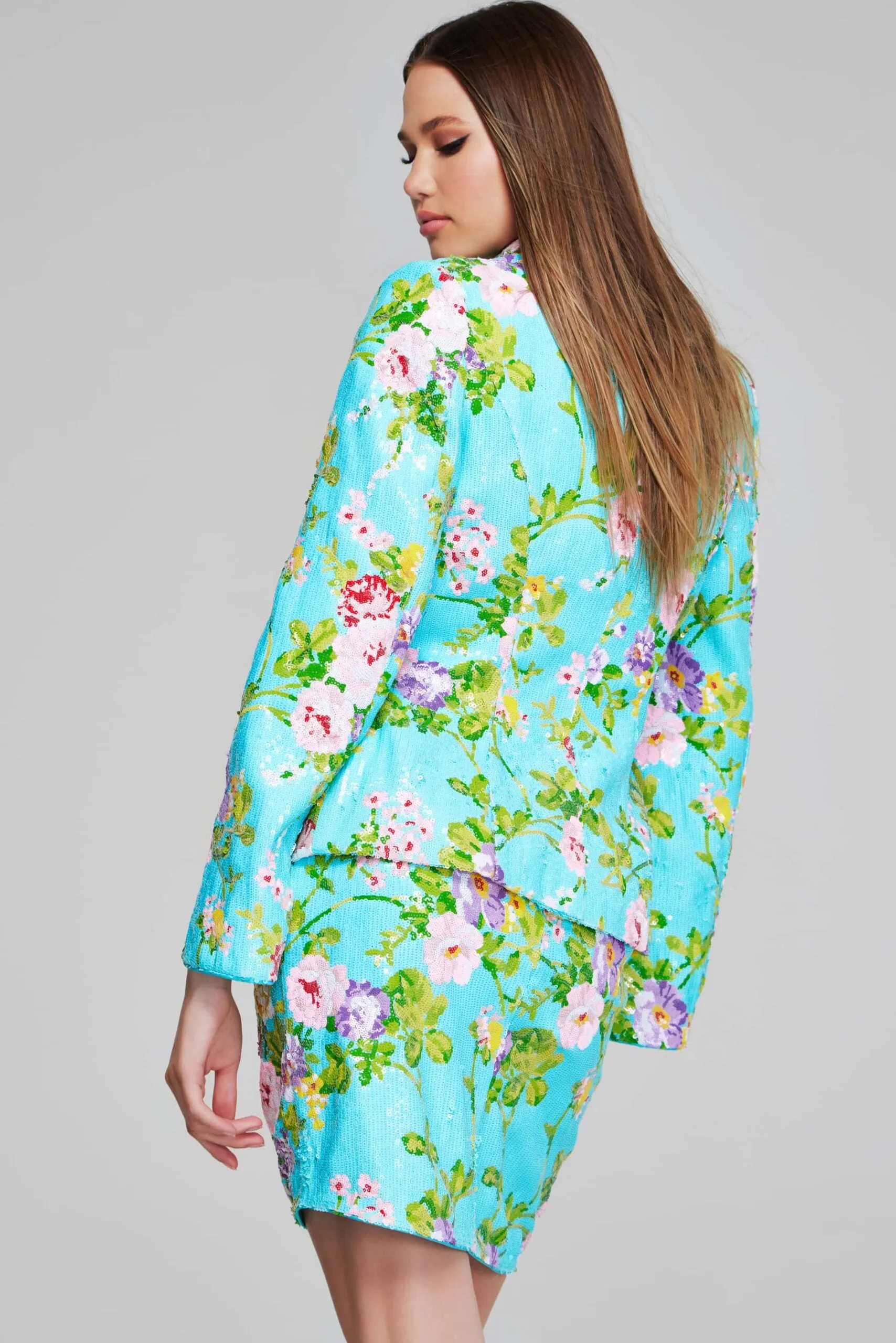 Jovani - 42147 - Beaded Floral Print Bell Sleeve Blazer Dress