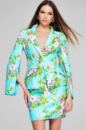 Jovani - 42147 - Beaded Floral Print Bell Sleeve Blazer Dress