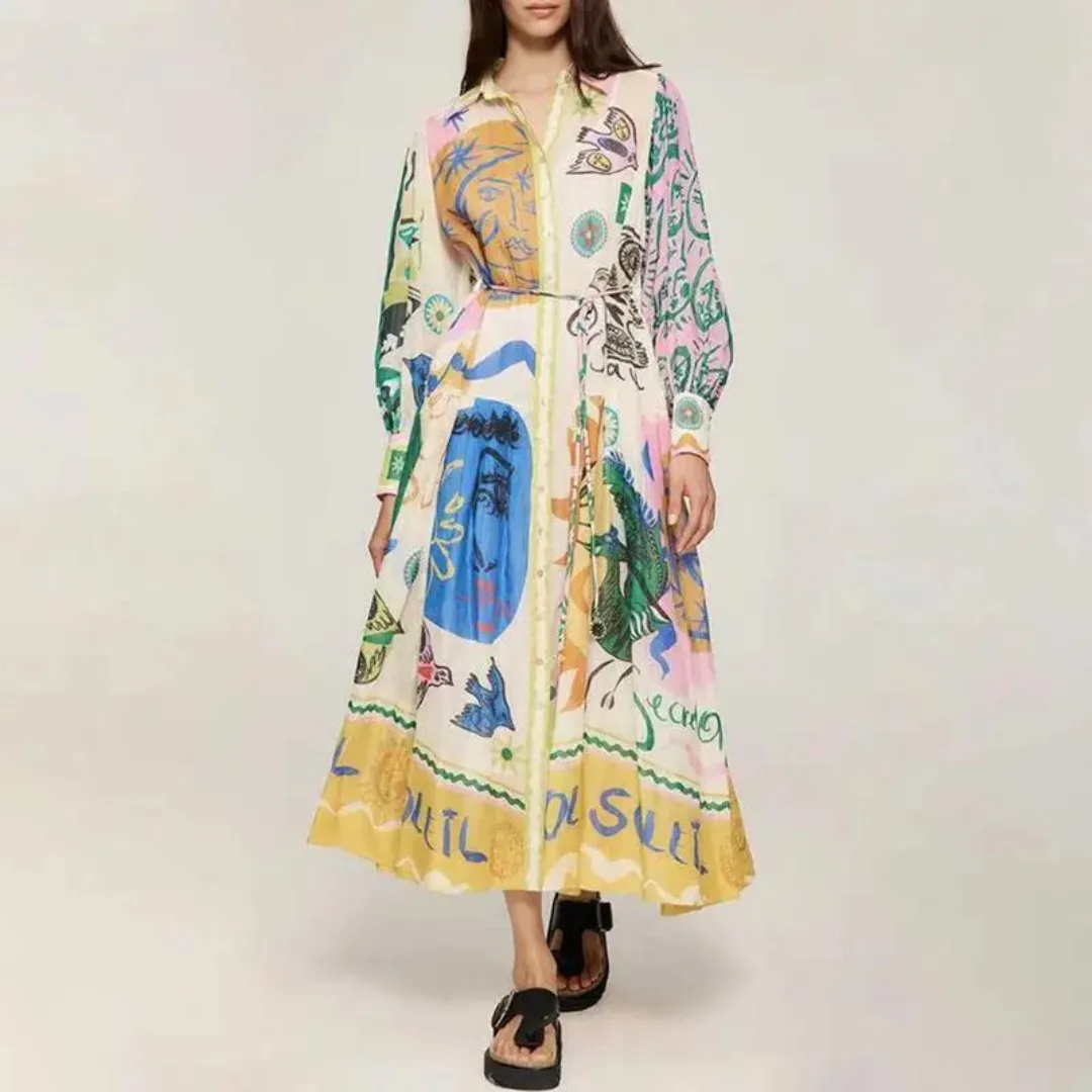 Katrina - Women’s Lantern Sleeve Maxi Dress - Exotic Print