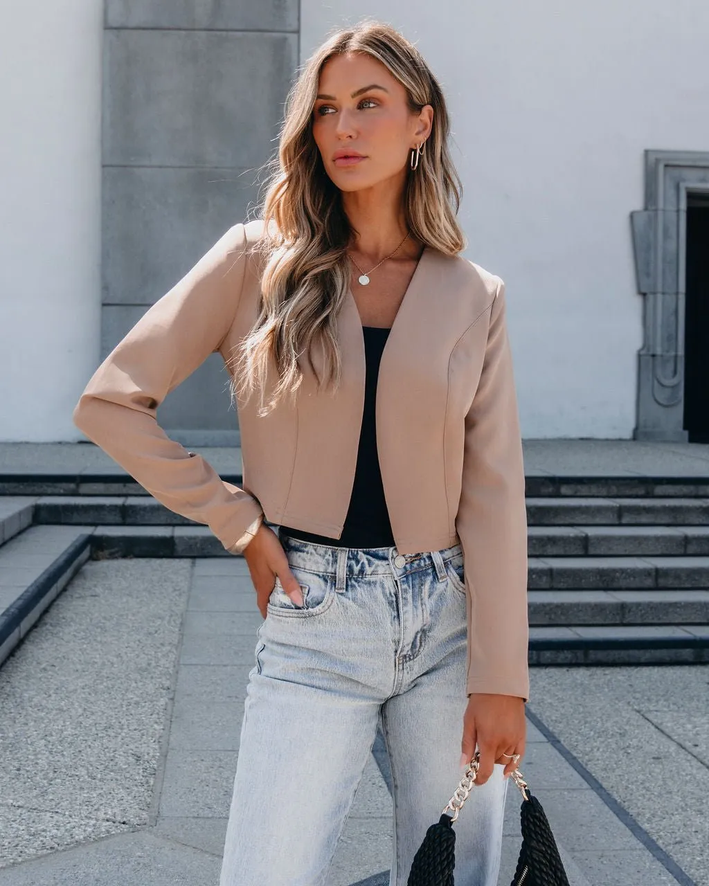 Khaki Collarless Open Front Blazer - FINAL SALE