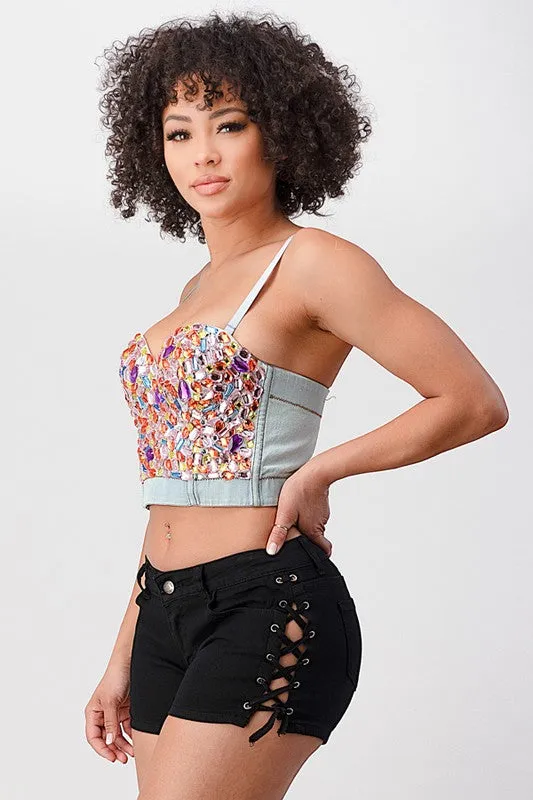 Kylie Denim Rhinestone Bustier Top