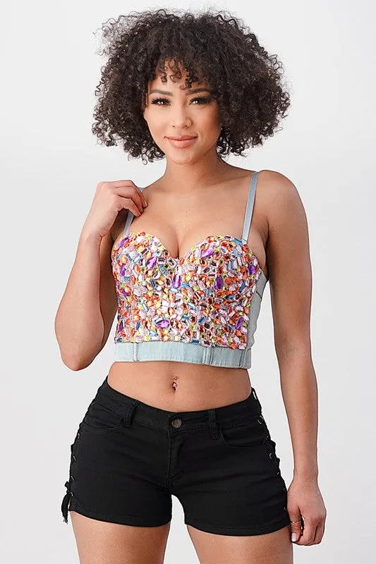 Kylie Denim Rhinestone Bustier Top