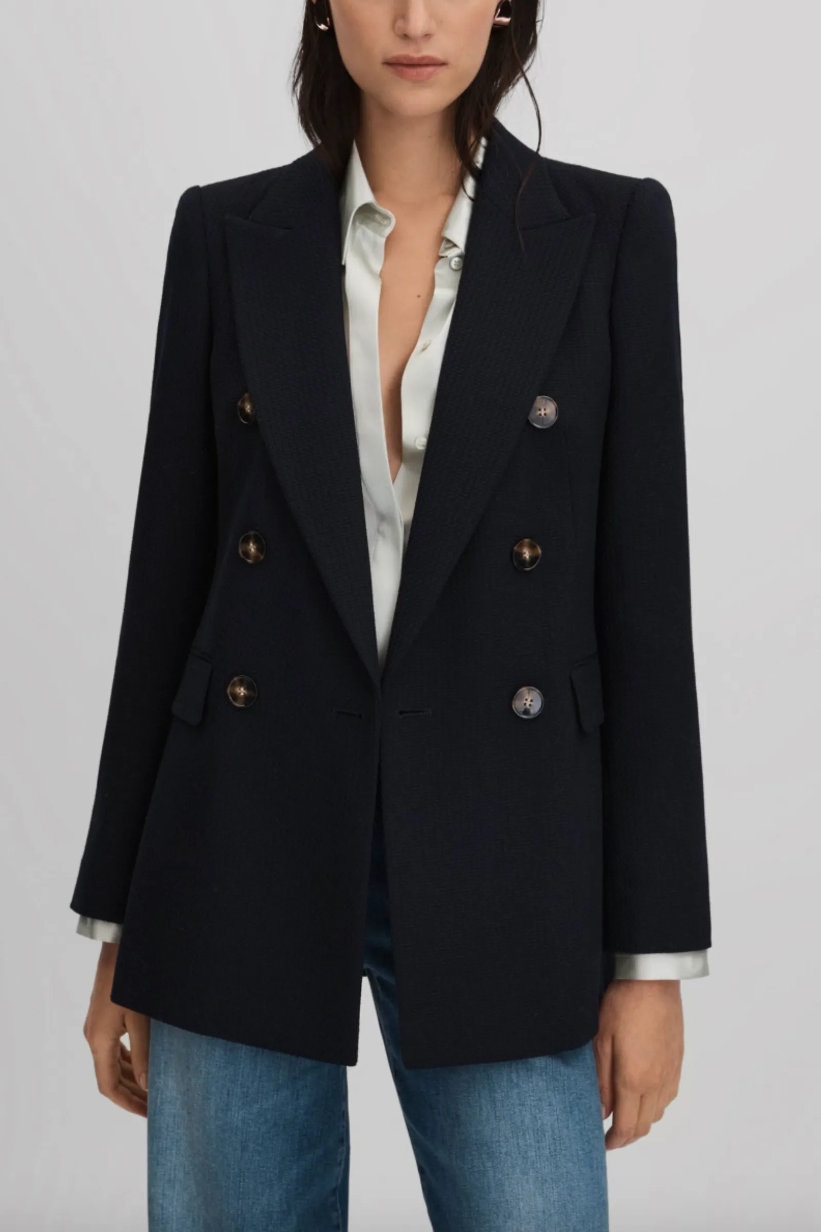 Lana Navy Tailored Textured Wool Blend Double Breasted Blazer