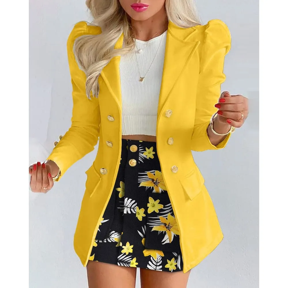 Lapel Collar Side Flap Pocket Blazer & Front Pockets Mini Skirt Set