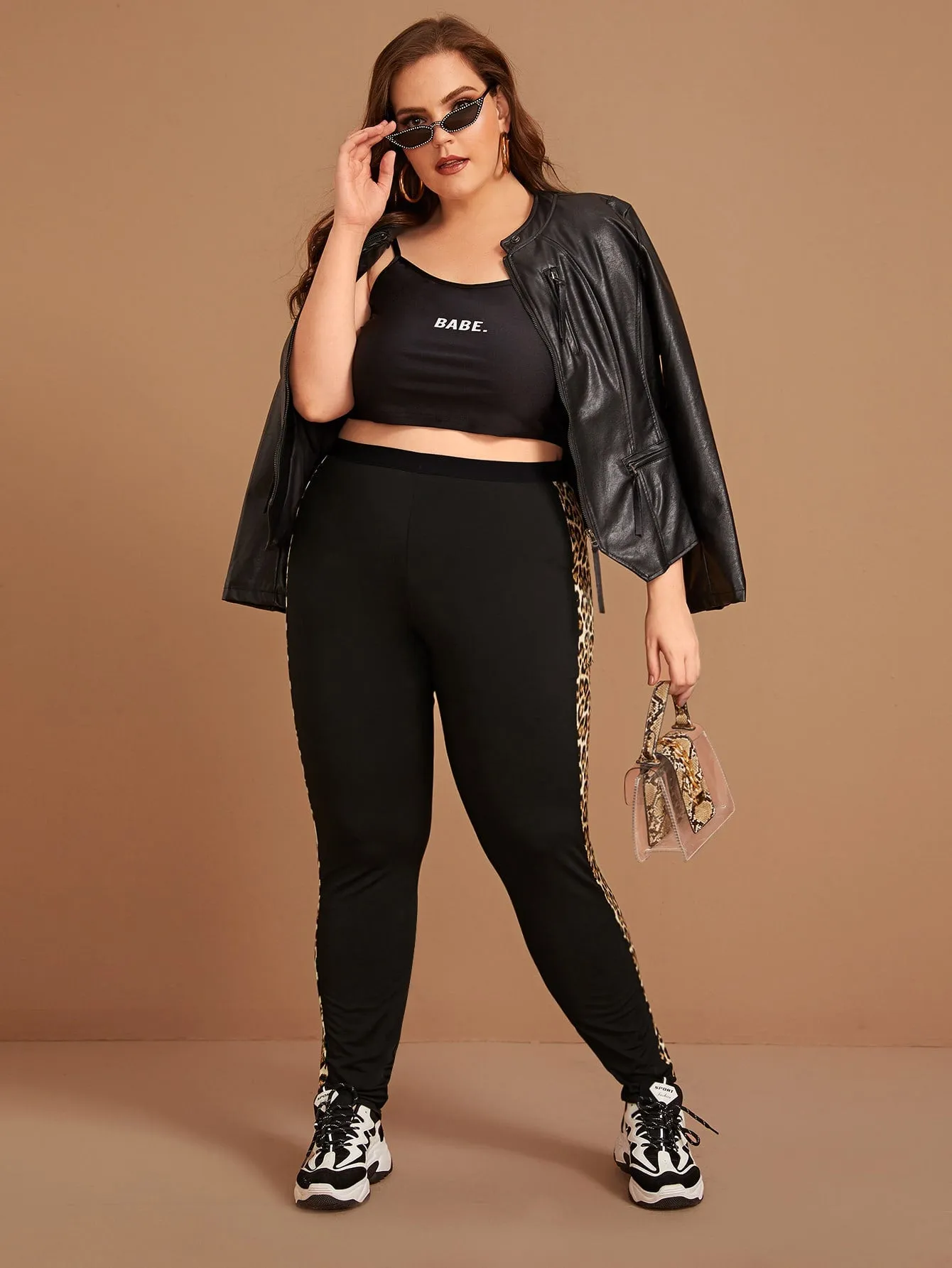 Leopard Side Stripe Long Plus Size Leggings