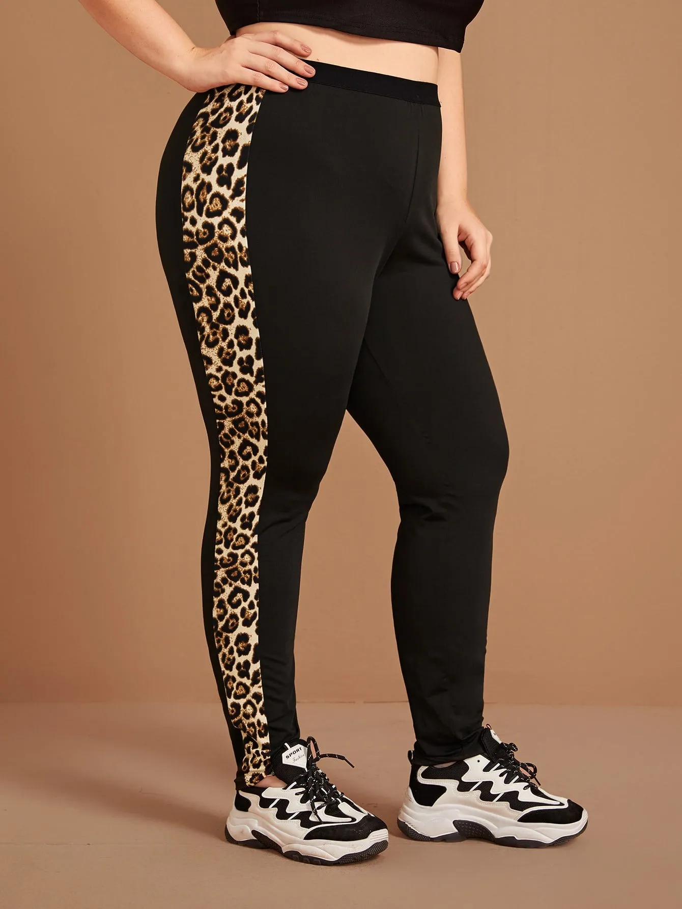 Leopard Side Stripe Long Plus Size Leggings