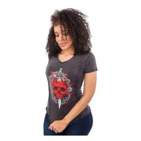 Lethal Threat Angel Red Dagger Ladies T-Shirt Dark Grey