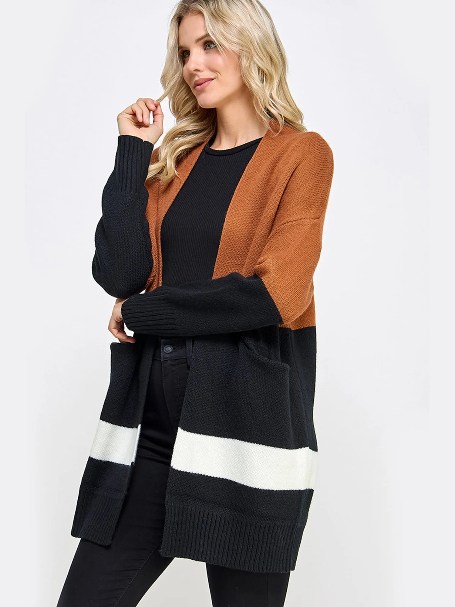 Long Sleeve Colorblock Stripe Open Long Cardigan