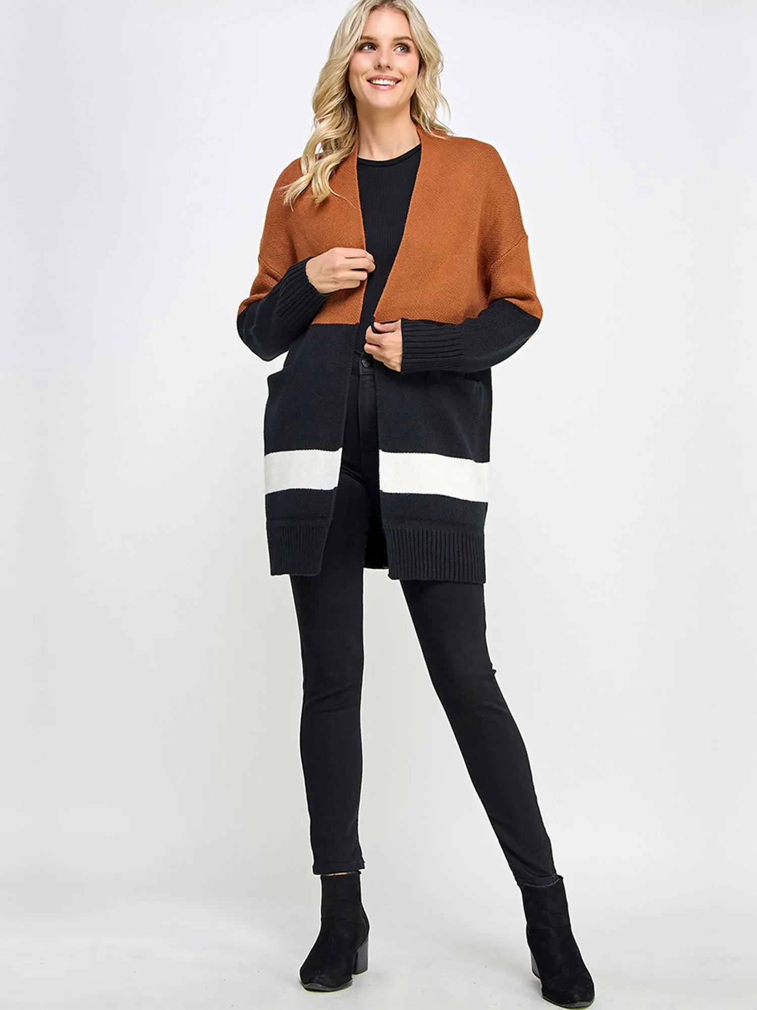 Long Sleeve Colorblock Stripe Open Long Cardigan