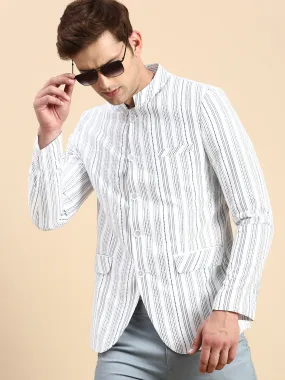 Men White Striped Party Blazer