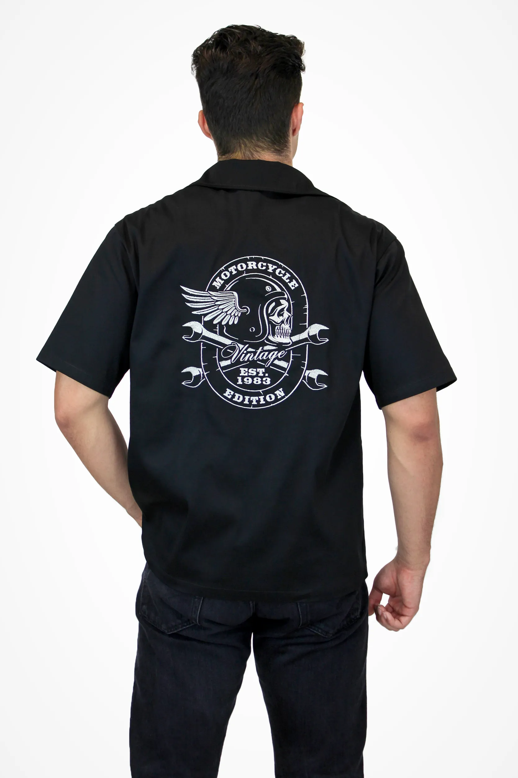 Men's Black Motorcycle Edition Embroidered Short-Sleeve Top