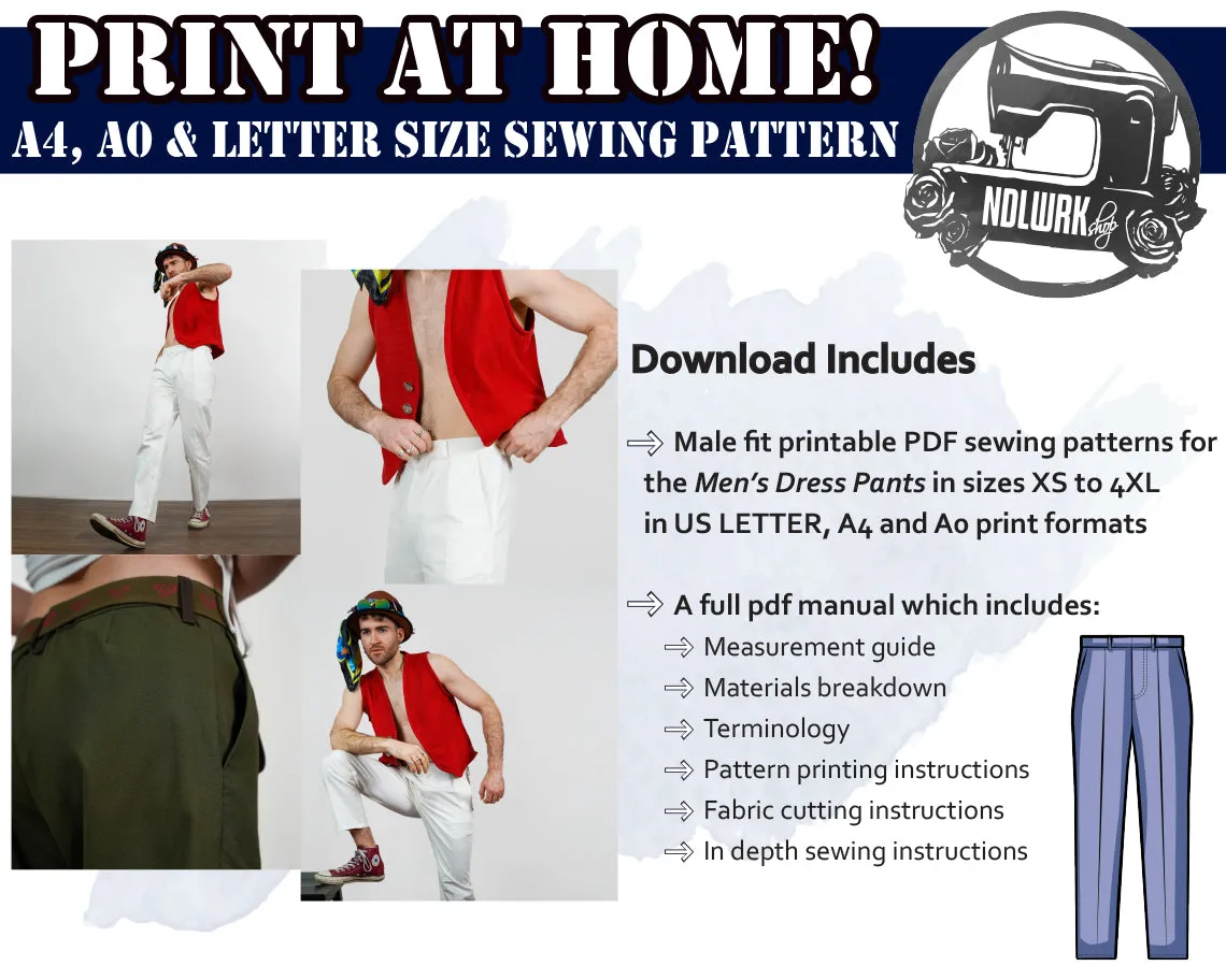 Men's Dress Pants Cosplay Fashion Costume Sewing Pattern/Downloadable PDF File