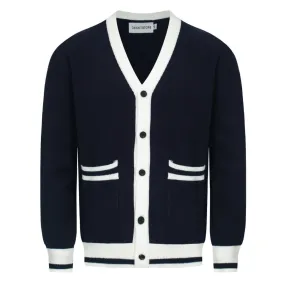 Men's Navy Blue Knitted Long Sleeves Cardigan With Double Pockets