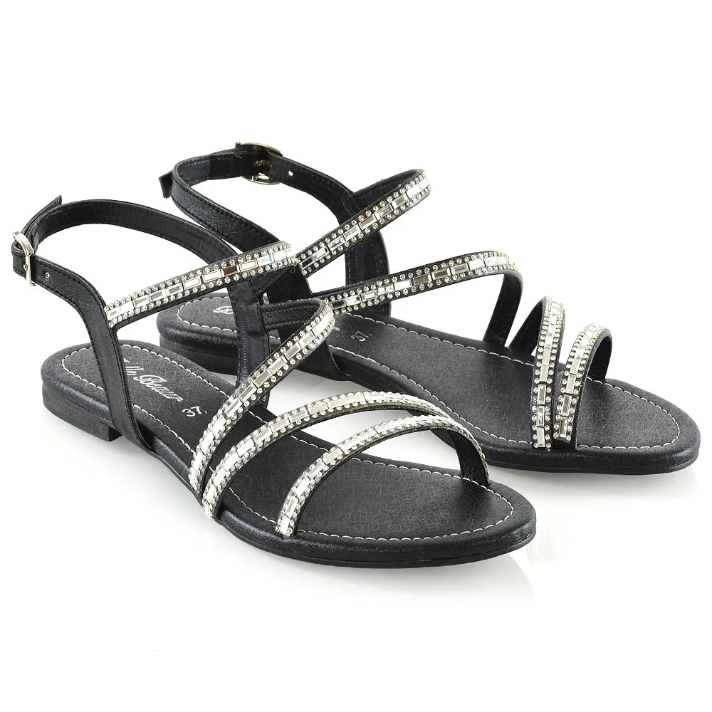 MERCEDES FLAT SOLE MIRROR DETAIL BUCKLE STRAPPY DIAMANTE SANDALS IN BLACK